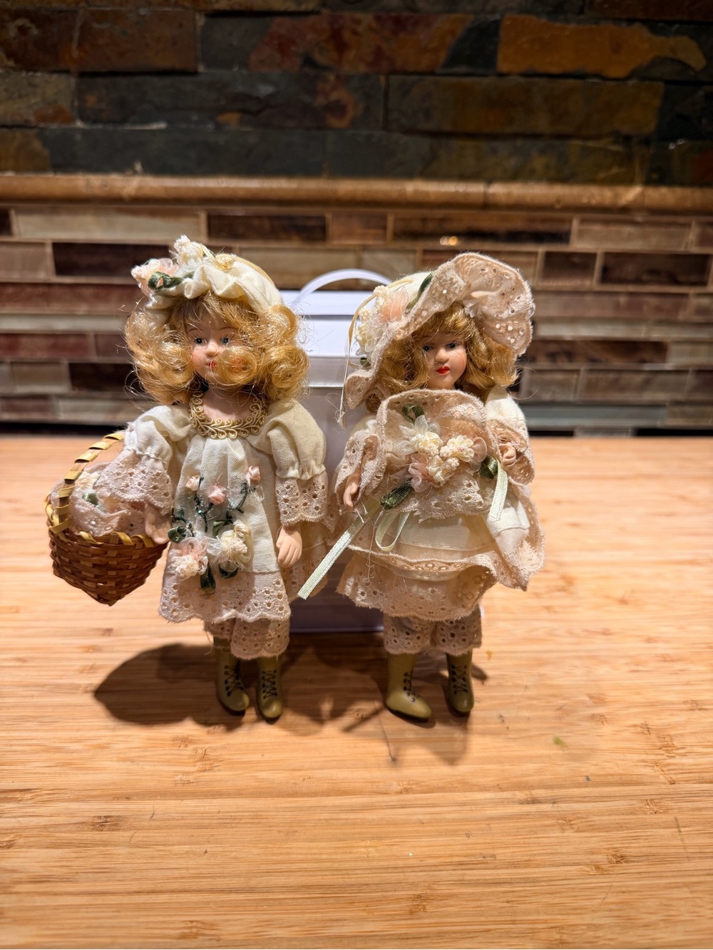 Kurt Adler Porcelain Victorian Girl Doll Ornaments in Cream and Pink